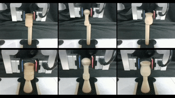 A robot gently stacking two light-weight objects using tactile sensing and our proposed method.